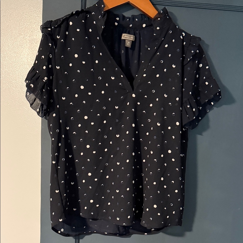 Jcrew Point Sur  Navy Blouse with White Dots